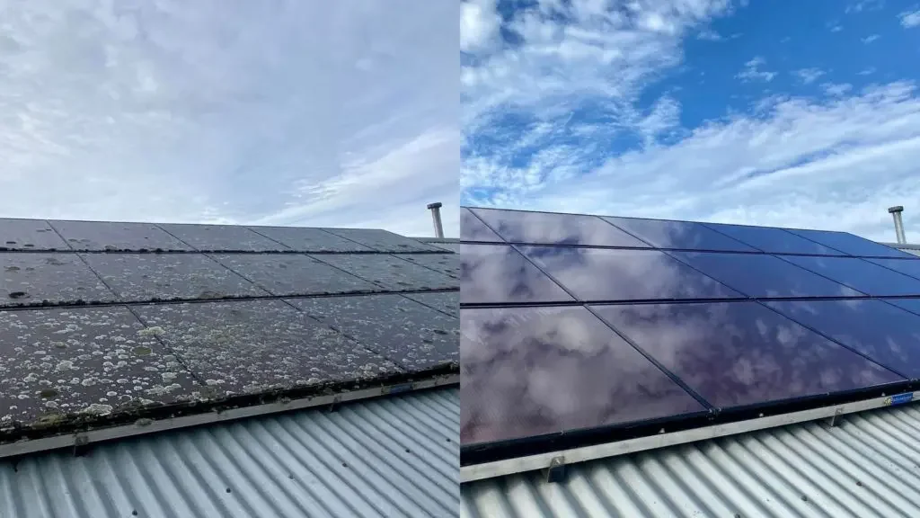 Mouldy black solar panels on a metal roof before cleaning, and the same panels reflecting the sky after